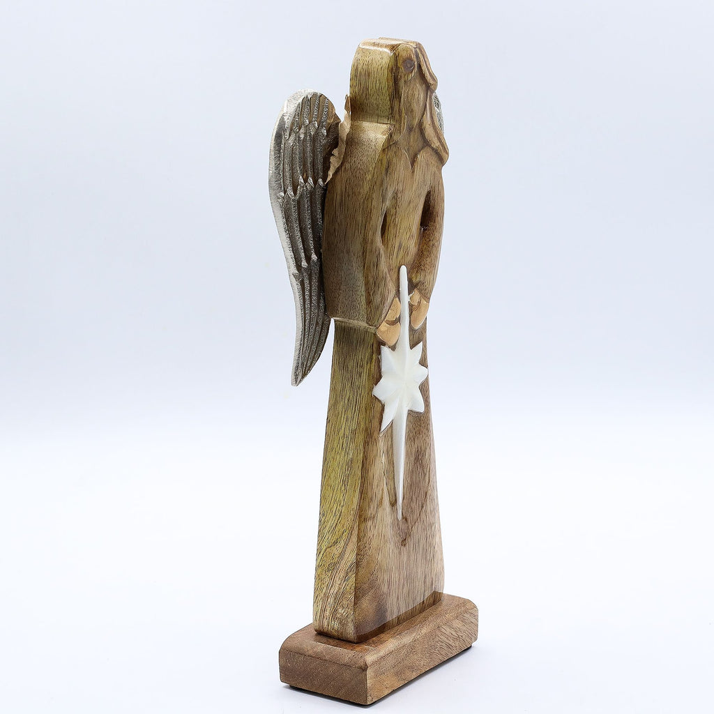 Large Mango Wood Angel with Metal Wings – Peace, NooEdge UK