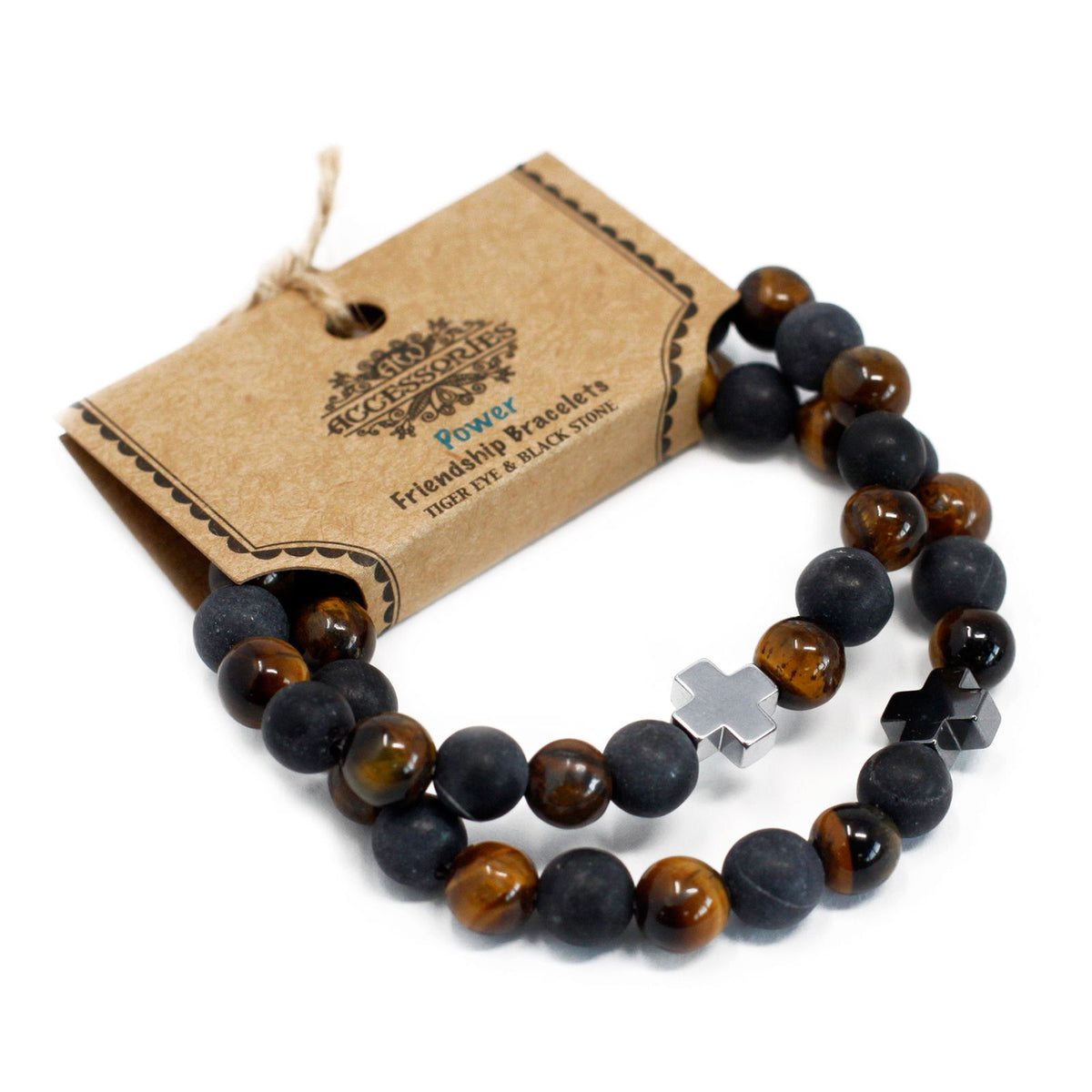 Set of 2 Gemstone Friendship Bracelets – Power Tiger's Eye & Black Stone, NooEdge UK