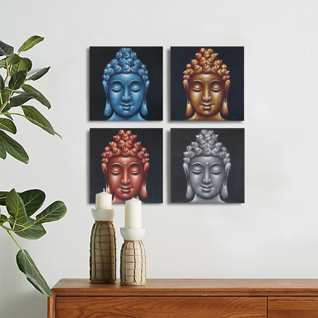 Set of 4 Buddha Heads Sand Detail 30x30cm – front view, NooEdge UK