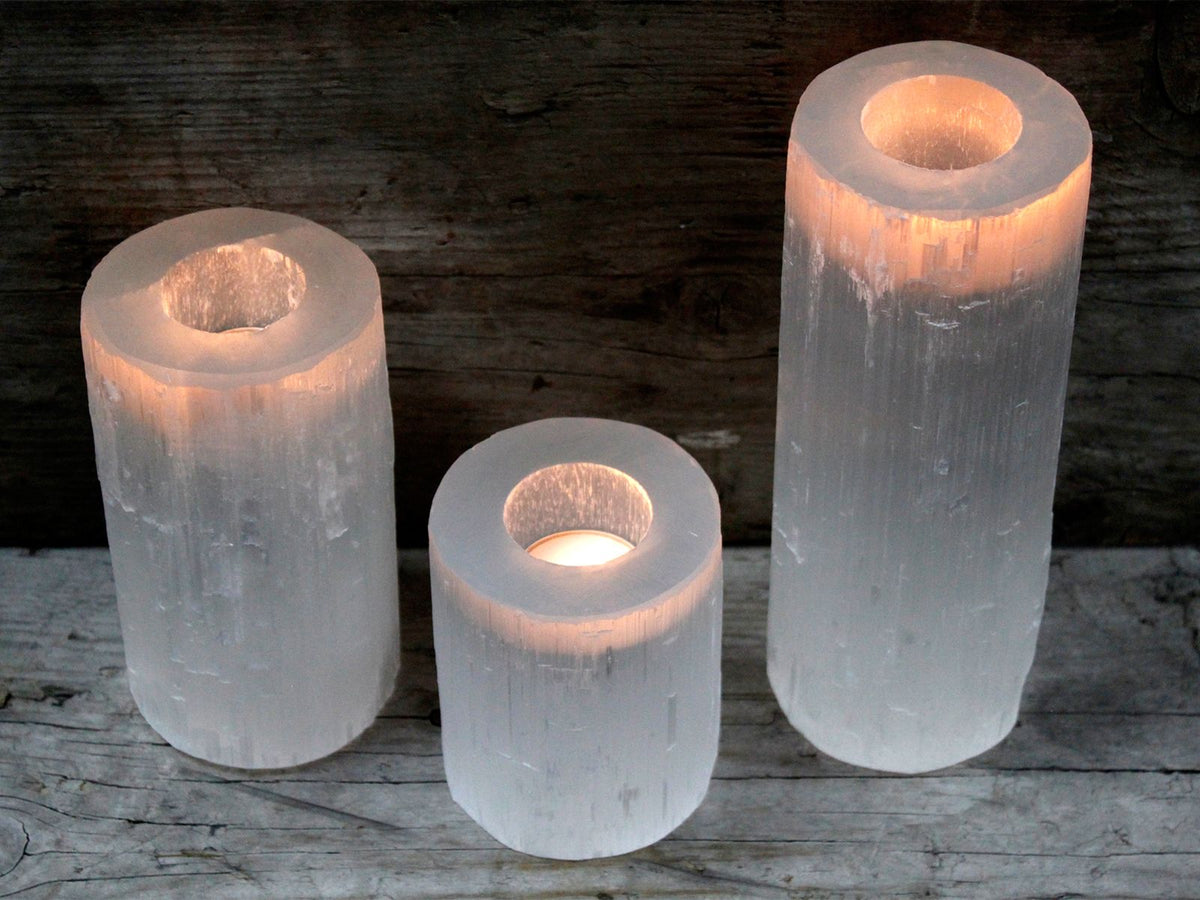 Selenite Cylinder Candle Holder – 15 cm detail, NooEdge UK