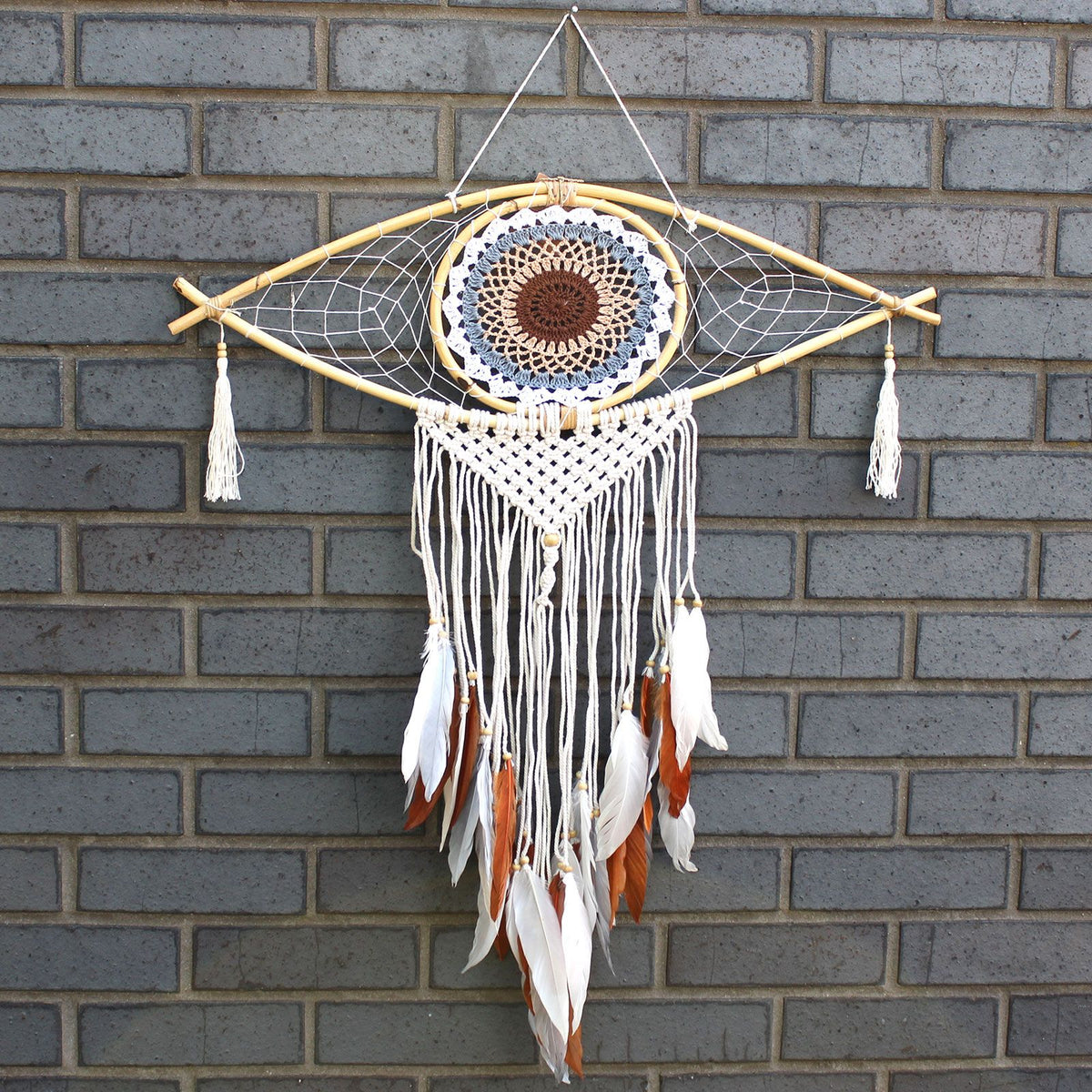 Protection Dream Catcher – Large Macrame Evil Eye White/ Grey/Brown, NooEdge UK