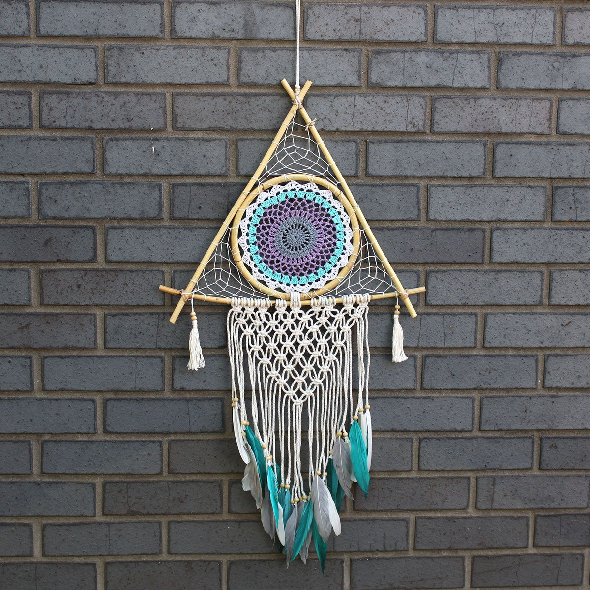 Protection Dream Catcher – Large Macrame Pyramid White/Turquoise, NooEdge UK