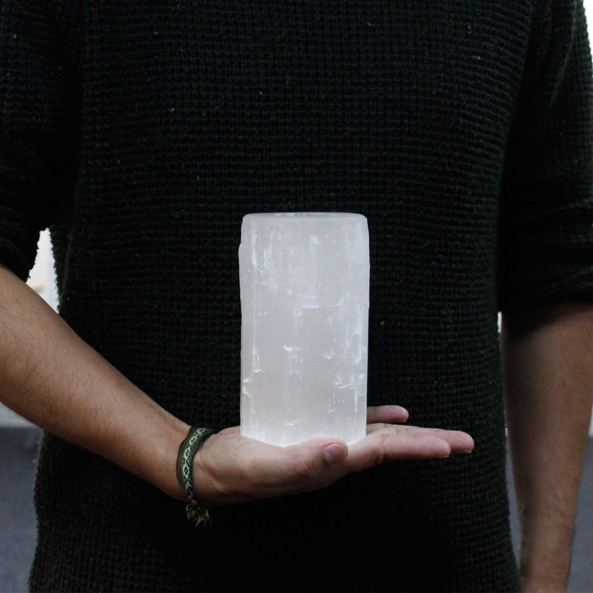 Selenite Cylinder Candle Holder – 15 cm close-up, NooEdge UK