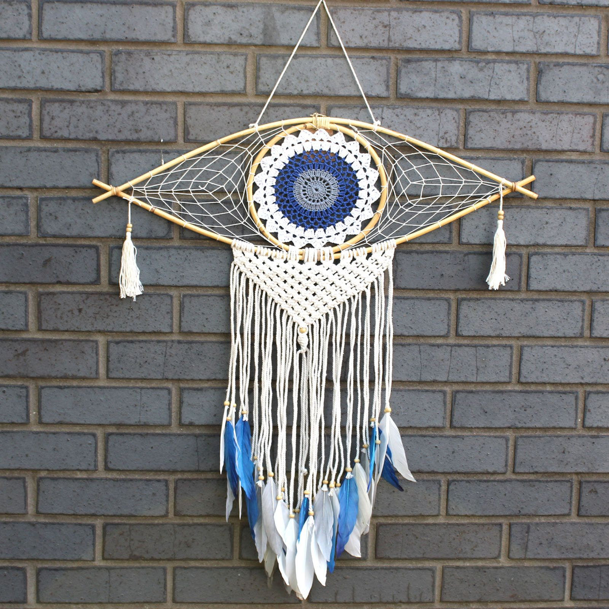 Protection Dream Catcher – Large Macrame Evil Eye White/ Blue/Grey, NooEdge UK