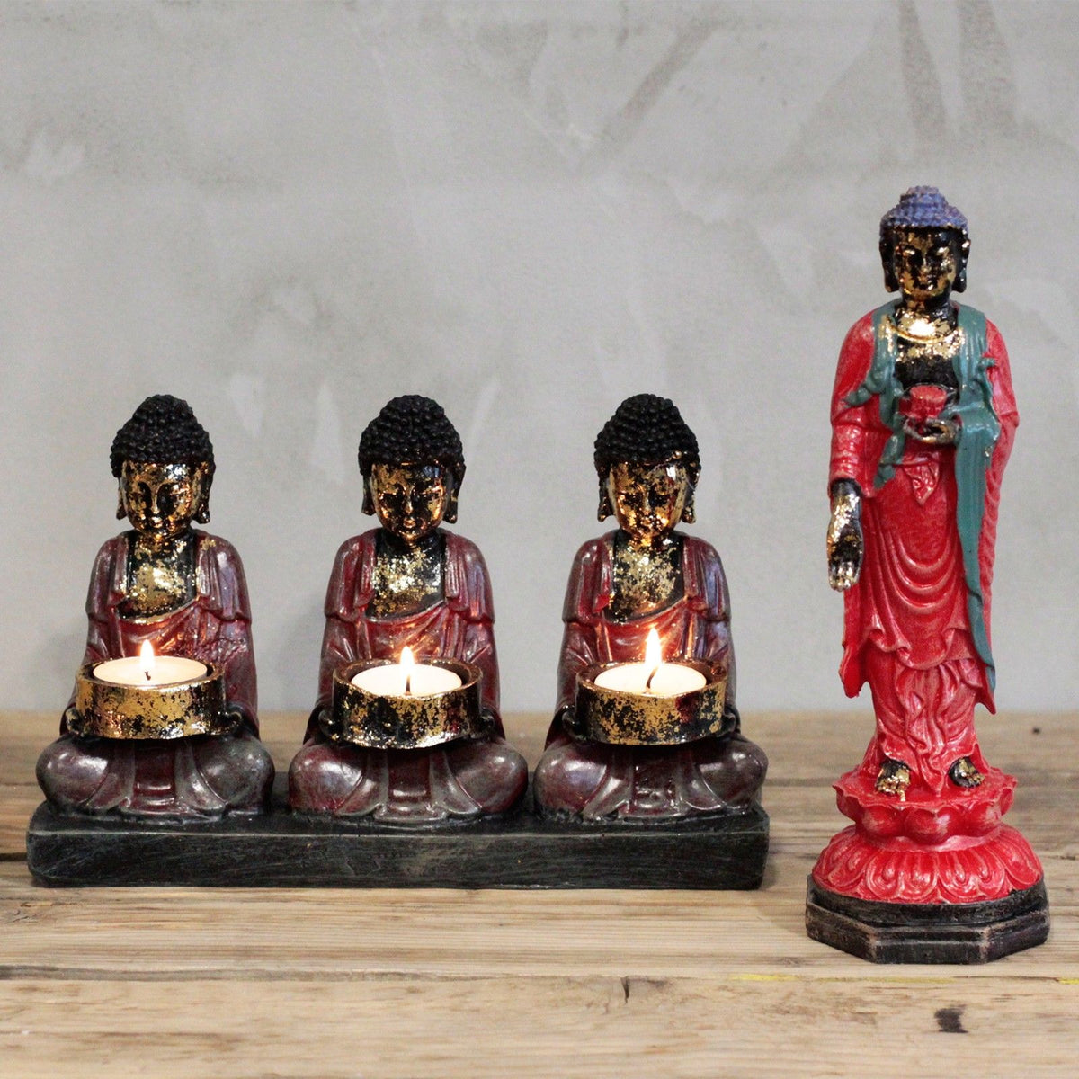 Antique Buddha – Three Devotees Candle Holder detail, NooEdge UK