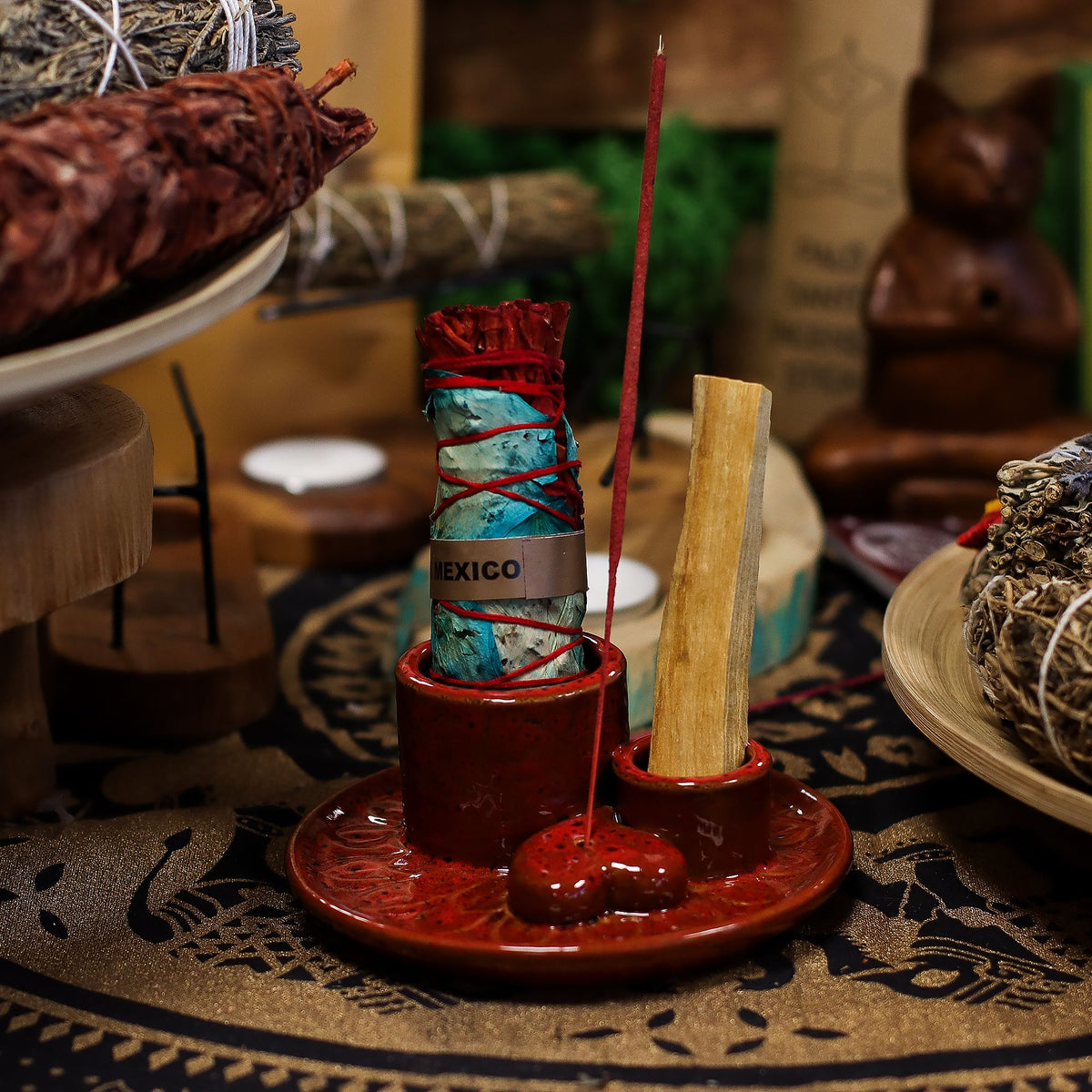 Palo Santo Stick & Smudge Holder Mandala – Red with Heart Gloss, NooEdge UK