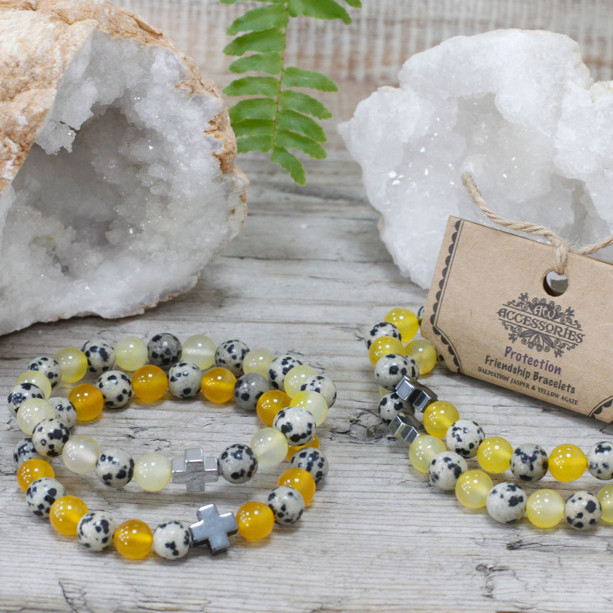 Set of 2 Gemstone Friendship Bracelets – Protection Dalmatian Jasper & Yellow Agate, NooEdge UK