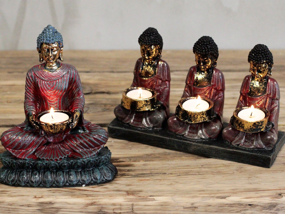 Antique Buddha – Three Devotees Candle Holder close-up, NooEdge UK