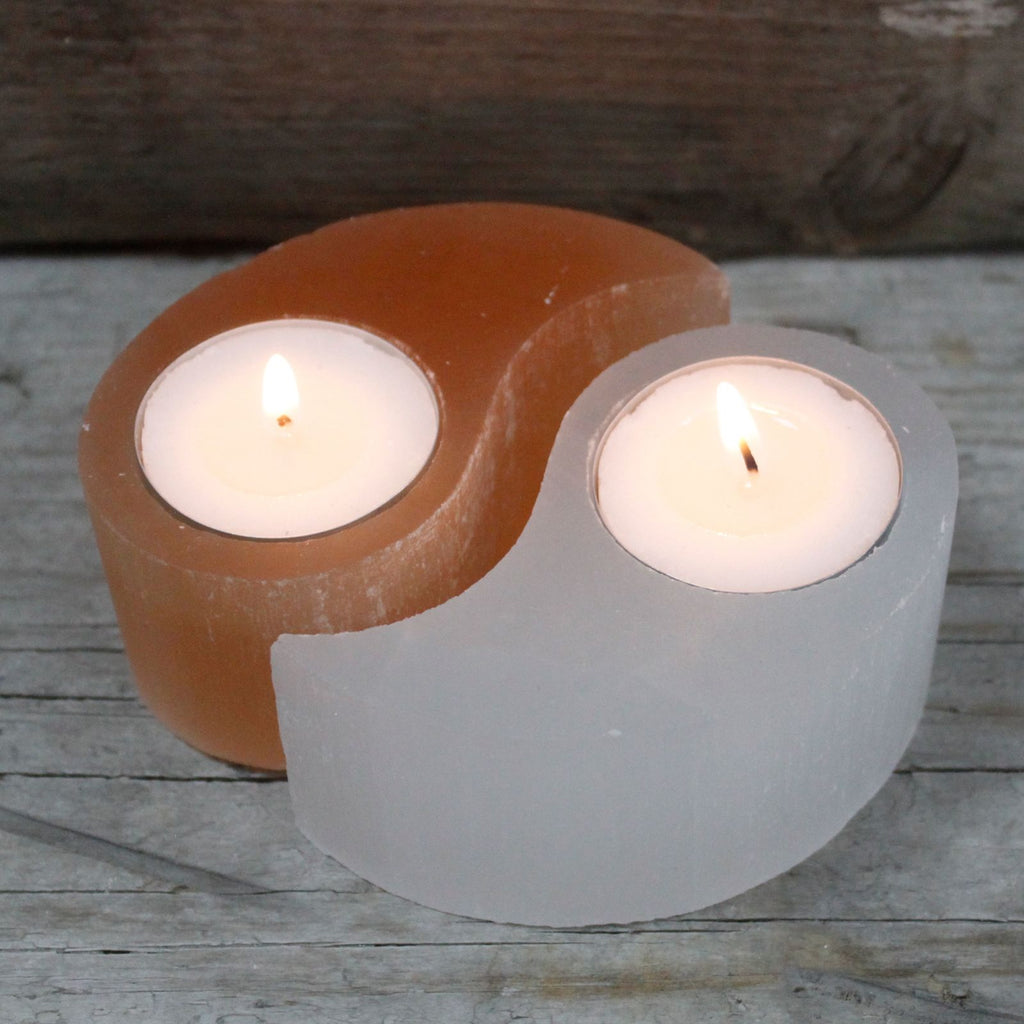 Selenite Yin Yang Candle Holder detail, NooEdge UK