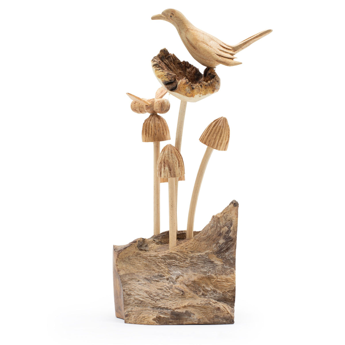 Handmade Parasite Wood Art Carving – Bird & Bee on Mushrooms, NooEdge UK