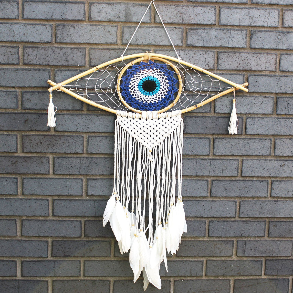 Protection Dream Catcher – Large Macrame Evil Eye Blue/White/Black, NooEdge UK