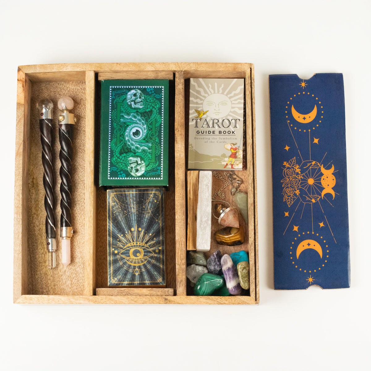 Blue Moon Phases Tarot Tray with Card Holder – front view, NooEdge UK