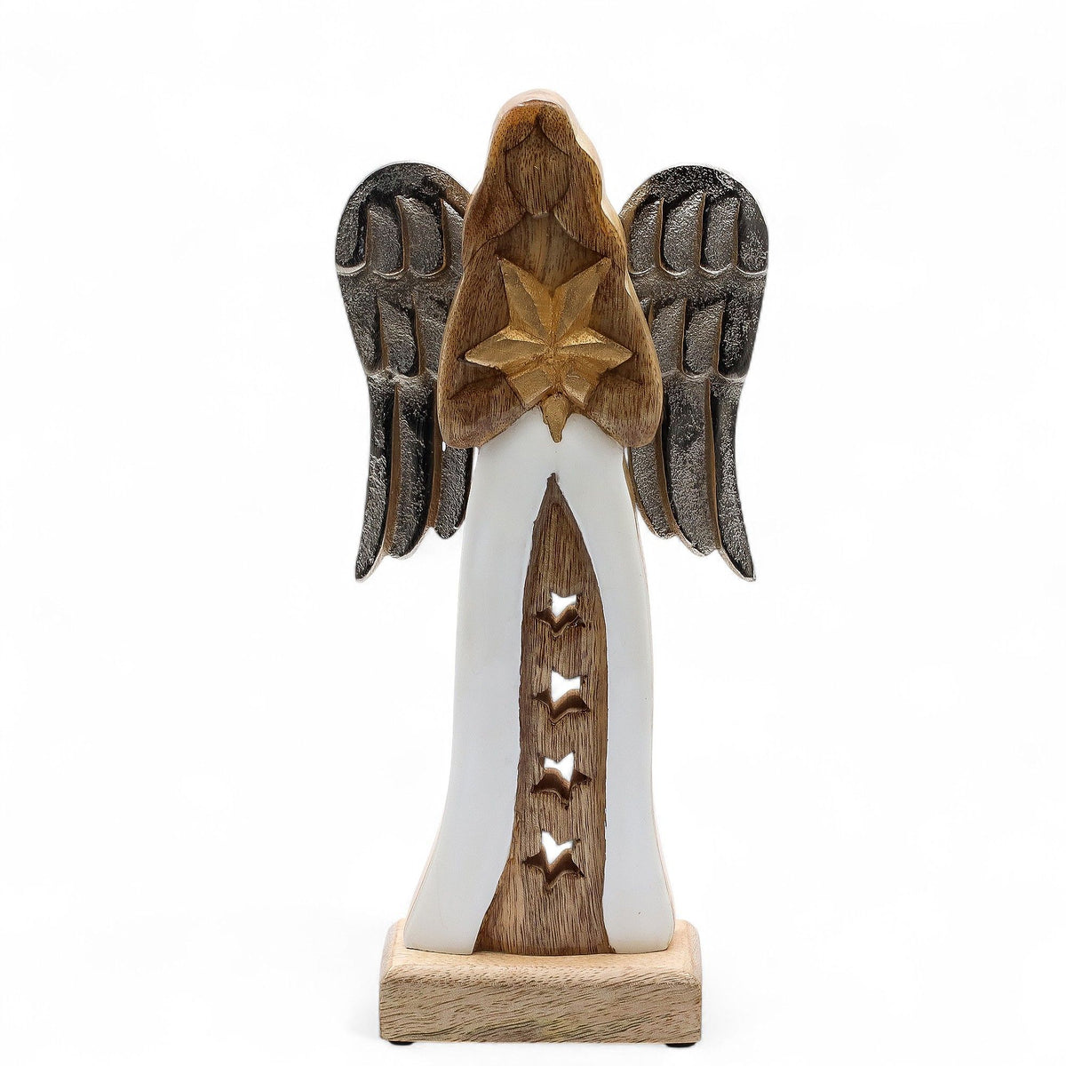 Large Mango Wood Angel with Metal Wings – Star, NooEdge UK