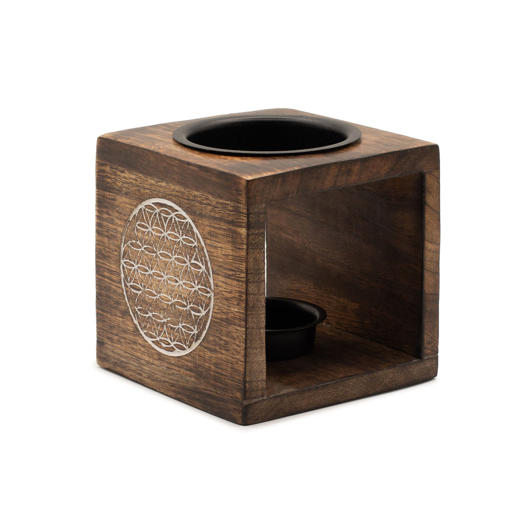 Square Mango Wood Oil Burner – alternate angle, NooEdge UK