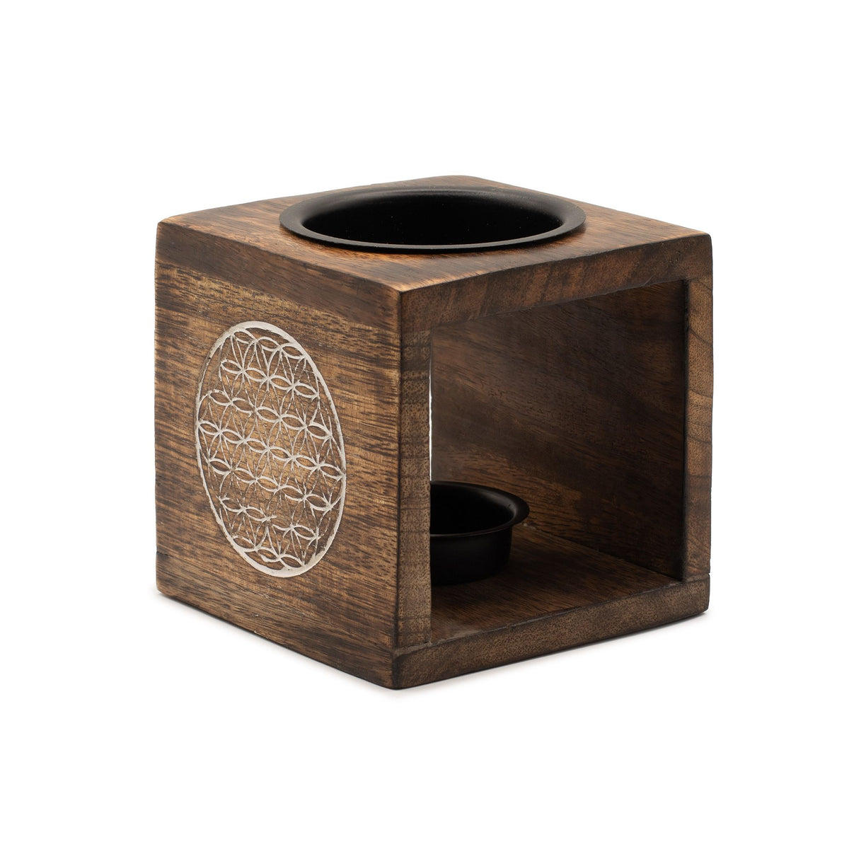 Square Mango Wood Oil Burner – alternate angle, NooEdge UK