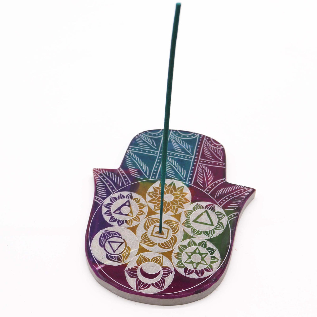 Soapstone Large Hamsa Incense Holder – 7 Chakra alternate view, NooEdge UK