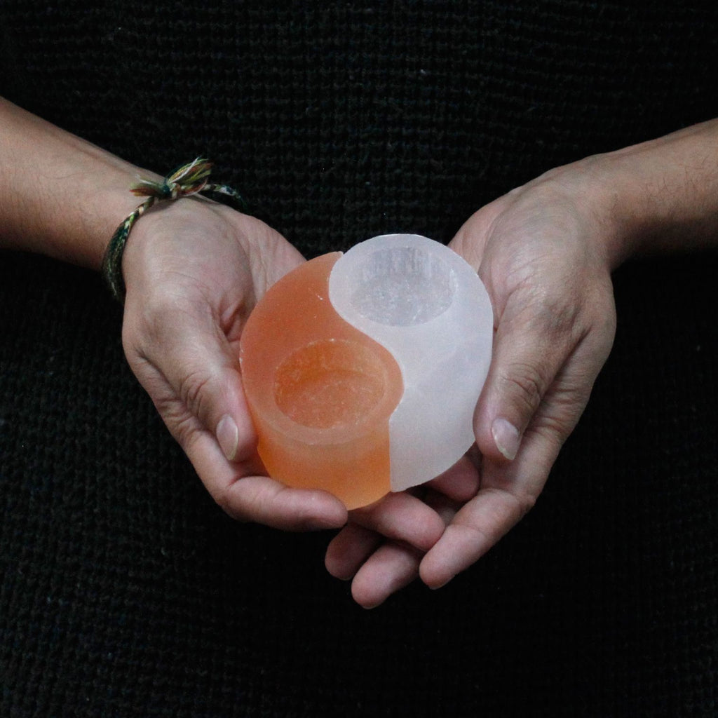 Selenite Yin Yang Candle Holder close-up, NooEdge UK