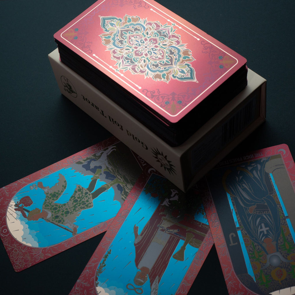 Pink Ruby Foil Tarot Card Gift Box with Booklet – alternate angle, NooEdge UK