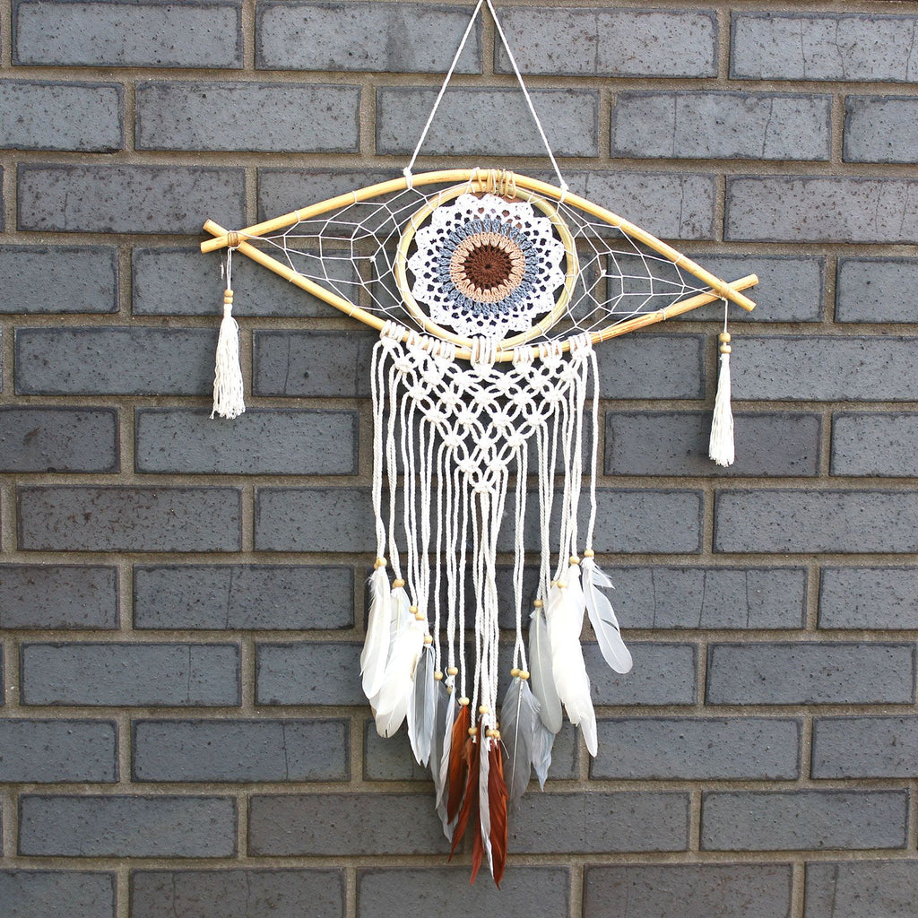 Protection Dream Catcher – Medium Macrame Evil Eye White/ Grey/Brown, NooEdge UK