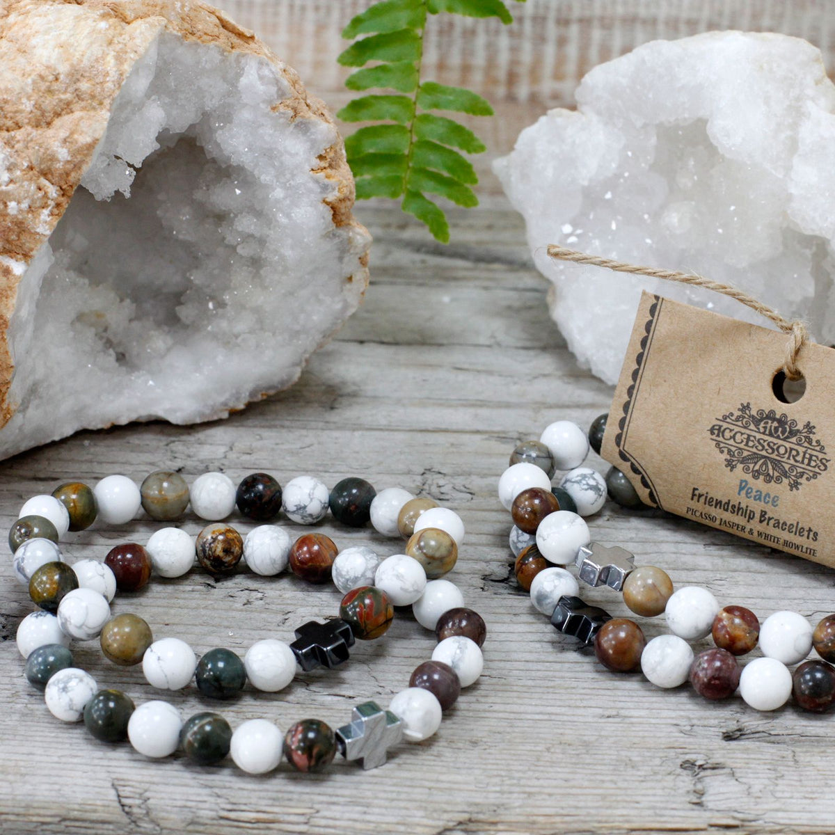 Set of 2 Gemstone Friendship Bracelets – Peace Picasso Jasper & White Howlite, NooEdge UK