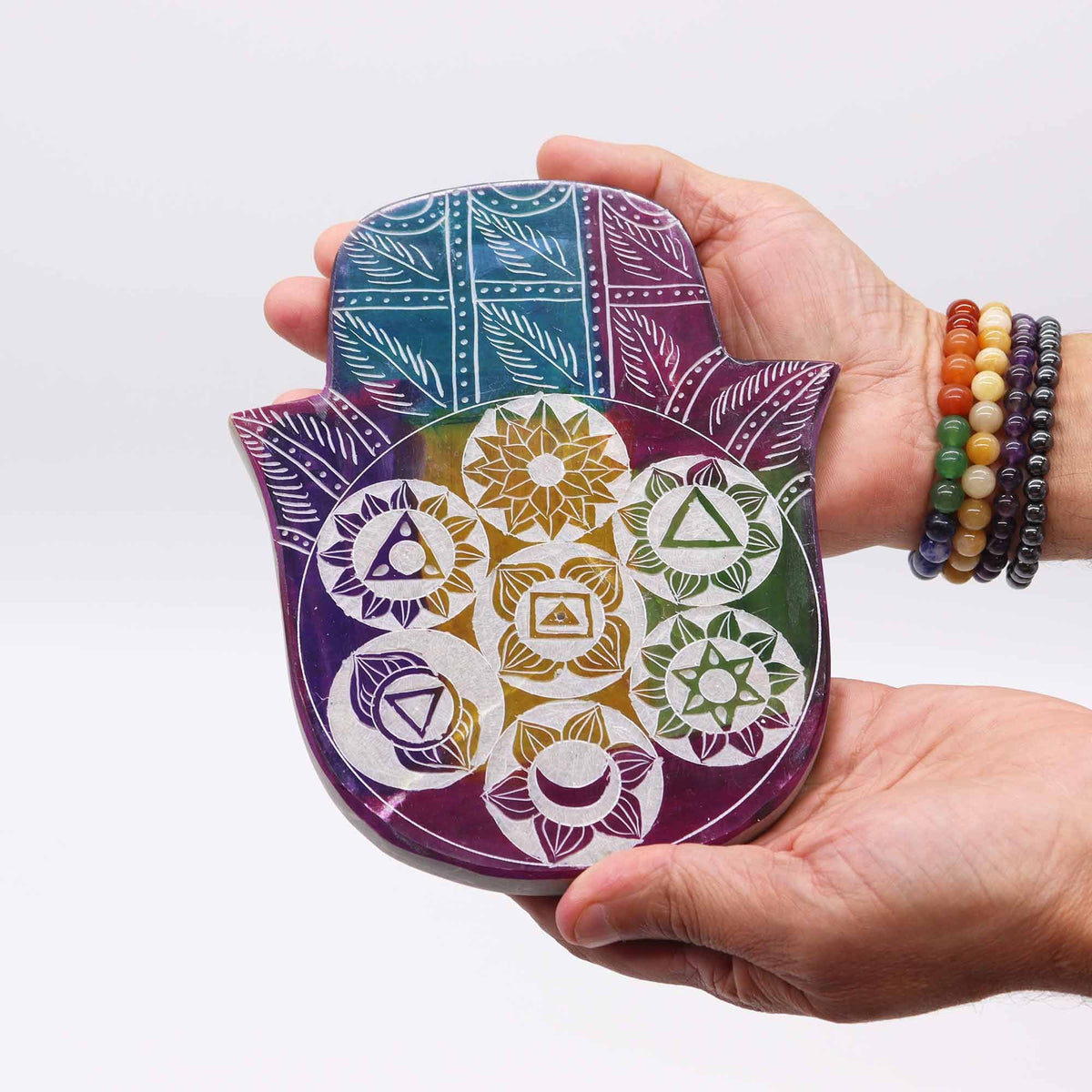 Soapstone Large Hamsa Incense Holder – 7 Chakra close-up, NooEdge UK