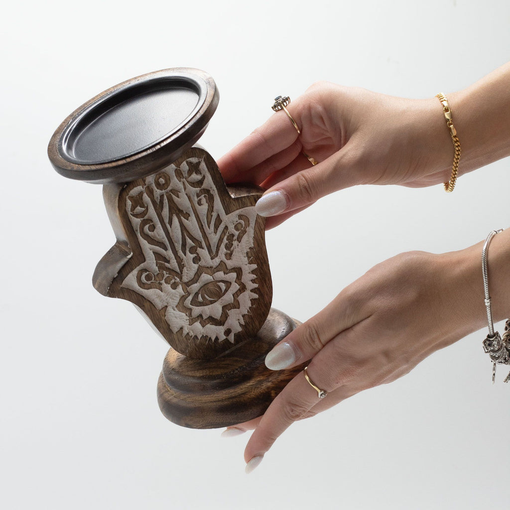 Mango Wood Candle Stand Hamsa – Small, NooEdge UK