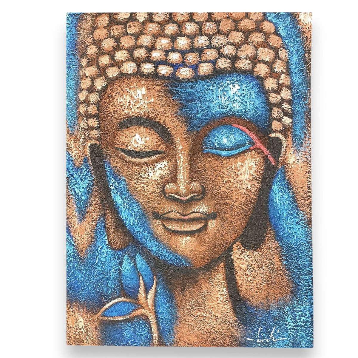 Buddha Painting – Bronze & Blue Flower 75x55cm, NooEdge UK