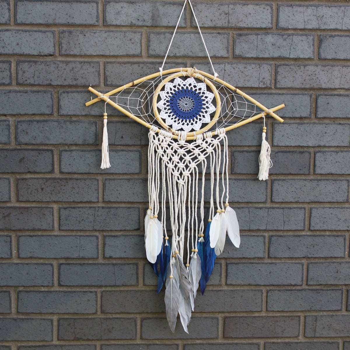 Protection Dream Catcher – Medium Macrame Evil Eye White/ Blue/Grey, NooEdge UK