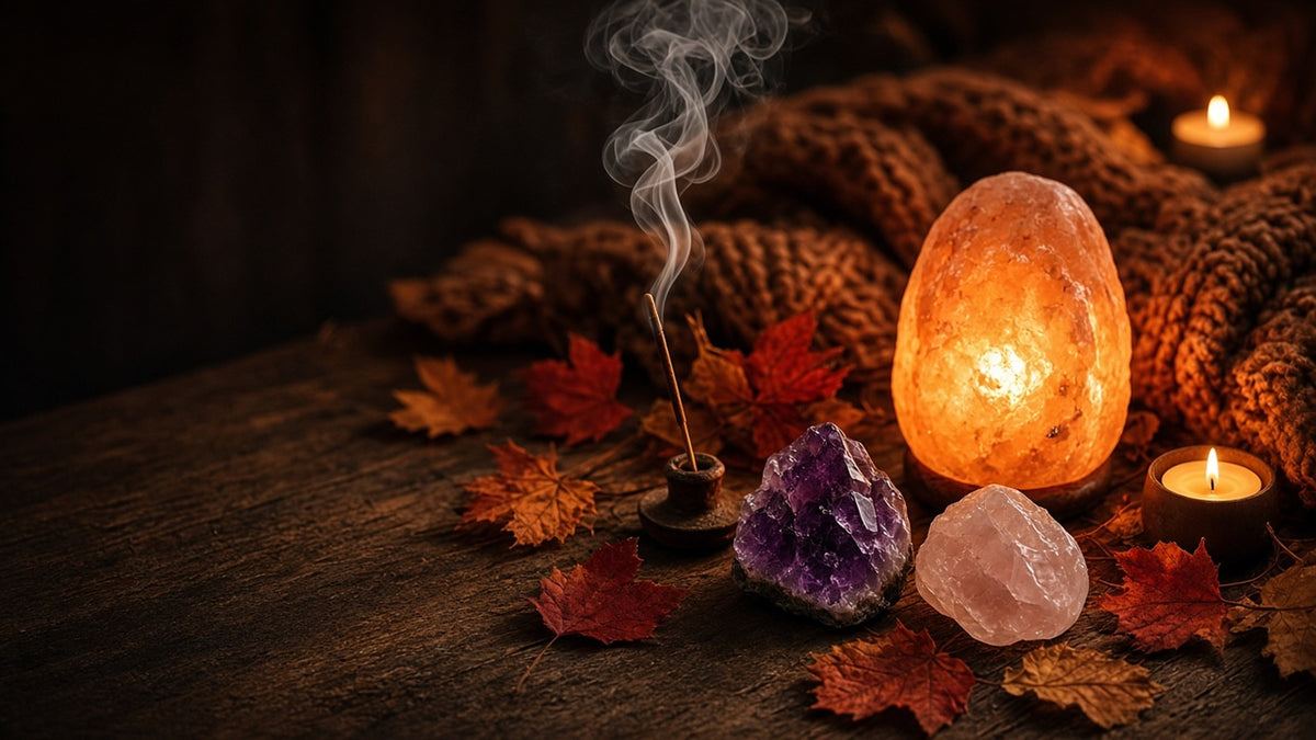 Cosy autumn crystals, incense and Himalayan salt lamp - NooEdge UK
